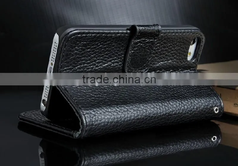 Luxury business style Litchi Vein cowhide leather case hot selling wallet case for iphone 5