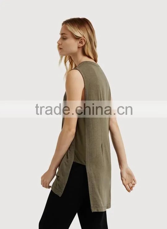 Latest fashion design women clothing sleeveless side split loose long t-shirt