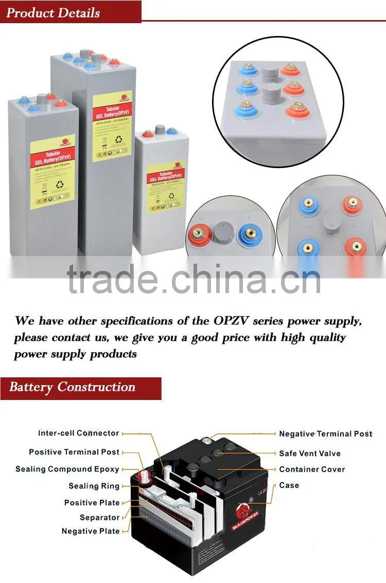 20 years Design life High Power Cycles 2V 1000ah OPZV gel solar battery