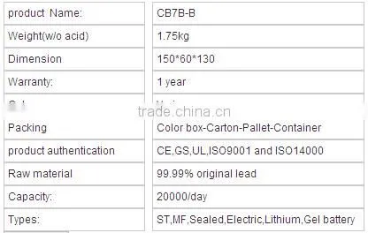 CB7B-B battery type for ST,MF,Sealed,Electric,Lithium,Car,Gel