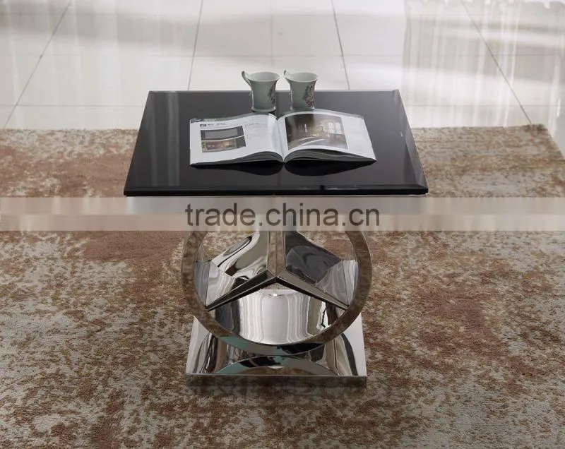 fashionable black galss side table with mirror silver stainless steel base