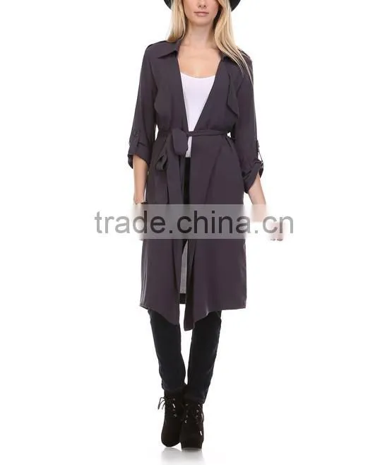 Fashion Modern Apparel Women Trendy Turkey 3/4 Sleeve Plain Spring Winter Coat Charcoal Sheer Trench Long Coat