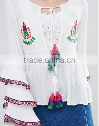 New Designs Fashion Hot Sale Boho Blouse Embroidered Layered Sleeve Women Tops Blouse
