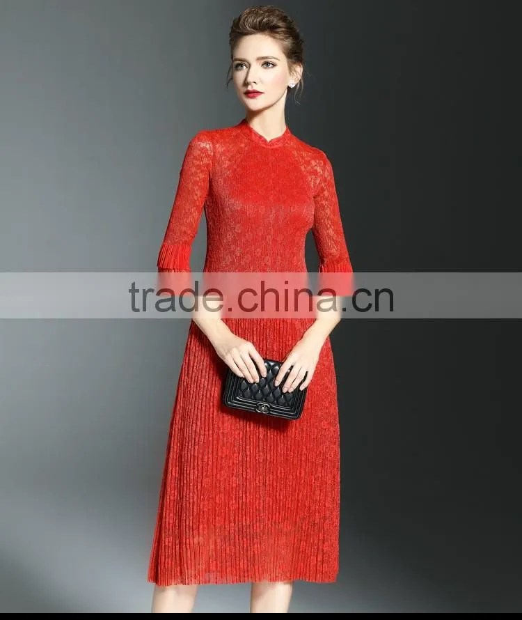 Elegant lady lace hollow out embroidery A-line pleated fold lace dress