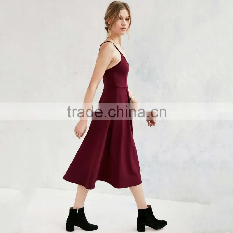 new fashion ladies dress v neck long red plain shoulder-straps elegant