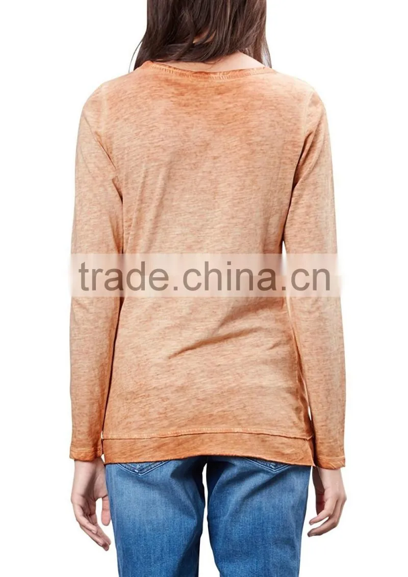Women's long sleeve 100% cotton acid wash vintage t shirt
