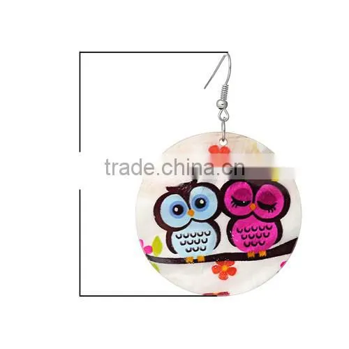 Silver Tone Hook Round Blue & Fuchsia Halloween Owl Pattern Fashion Shell Dangle Earrings 6.5cmx4.5cm
