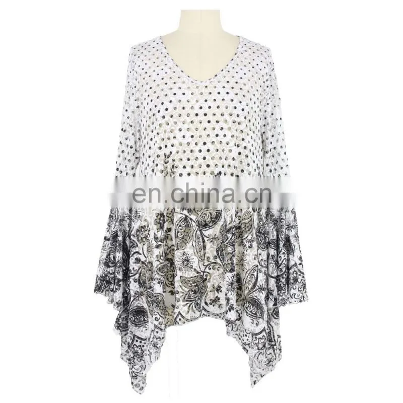 Latest diamond blue Flared sleeve V neck Floral Print Peplum Hem blouse