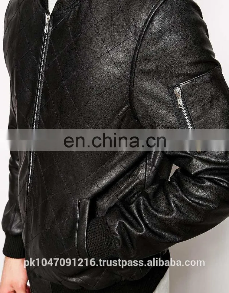 New 2014 Men Leather Jacket / Genuine Leather Jacket / Sheepskin Leather Quilted Bomber
