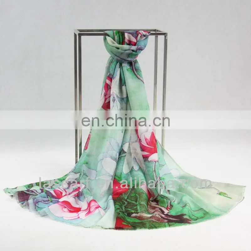 green color lotus pattern digital printing wool scarf