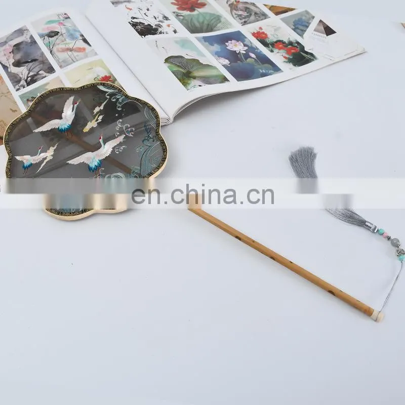 Chinese style multi-patternsilk embroidery dual-faced handmade fan with long wooden handle and tassel pendant(20*51cm)