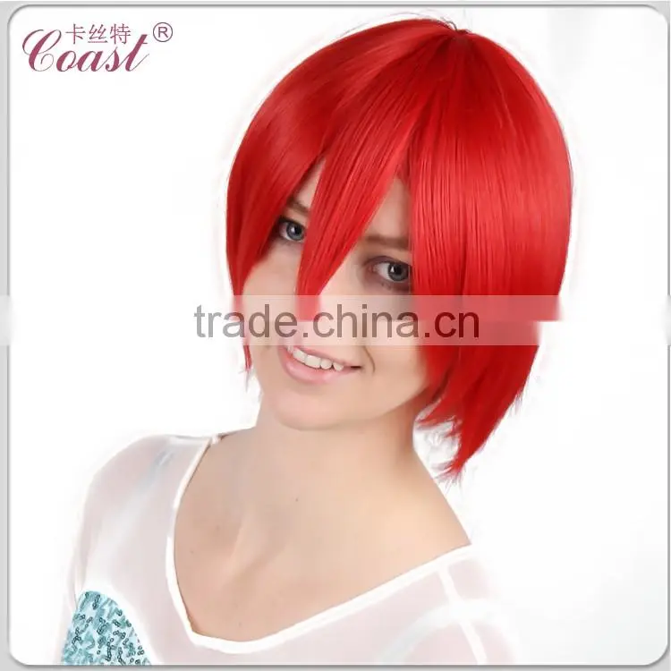 short straight red synthetic cosplay boys wig