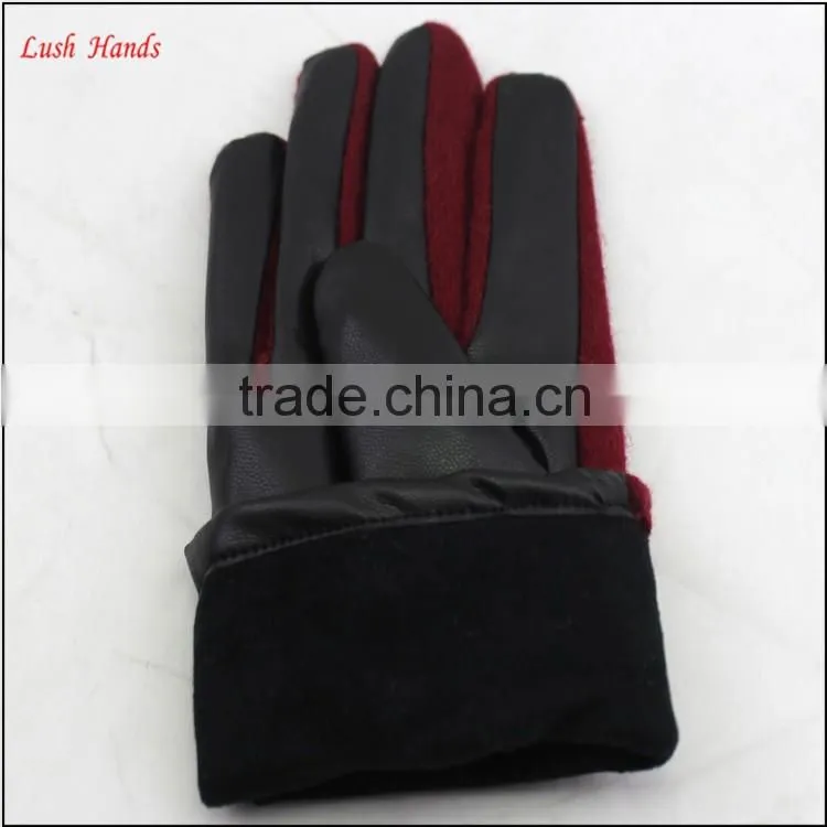 ladies simple red woolen and beautiful women PU hand gloves