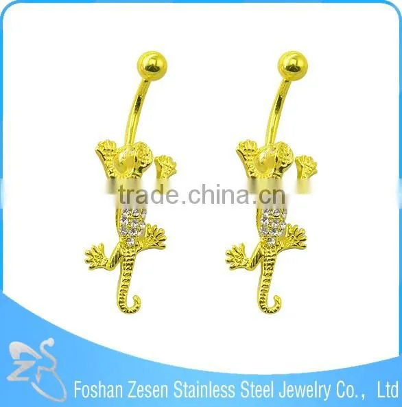 Dangling Rhinestone Gecko Belly Ring Navel Banana Gold Piercing