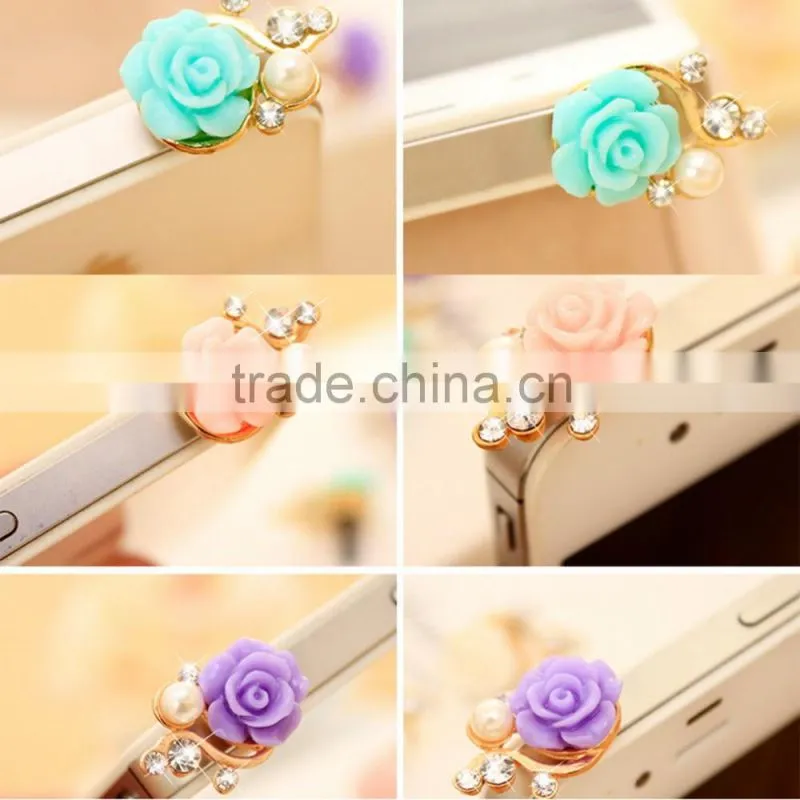 Rose Flower 3D Crystal Bead Pearl Anti Dust Plug Charms For 3.5mm Phone For Apple4 4S 5 For Samsung Galaxy S3 S4 For HTC