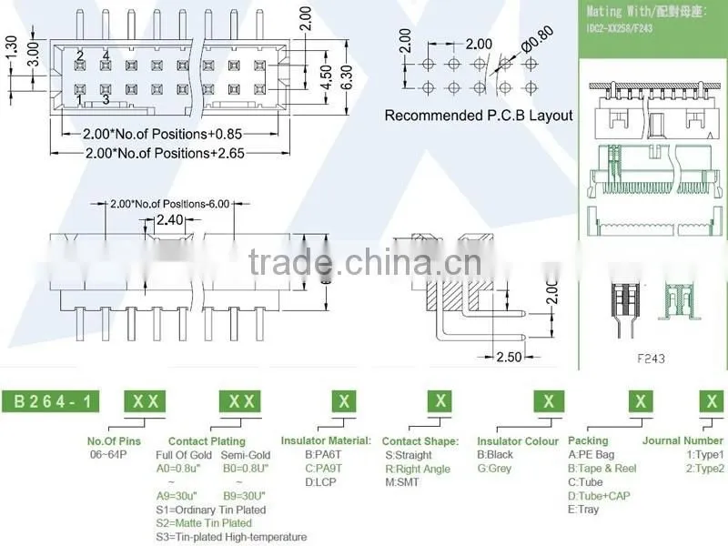 China factory price 2.0mm pitch Molex dual row excellent quality right angle box header