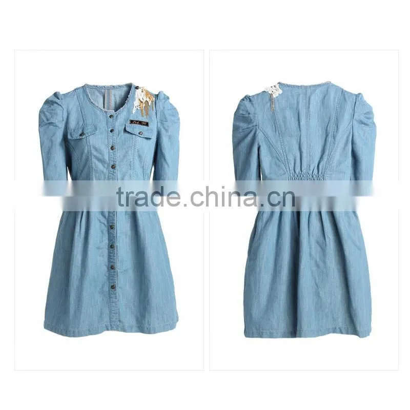 2015 fashion high quality latest designs woman half sleeve denim halter dress /denim and lace dress /prom dress