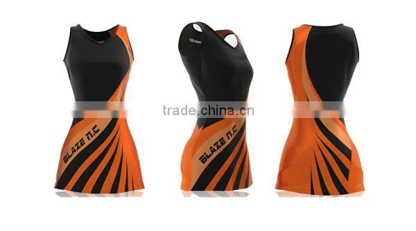 Hot sale netball dress design color red and blue with gold star