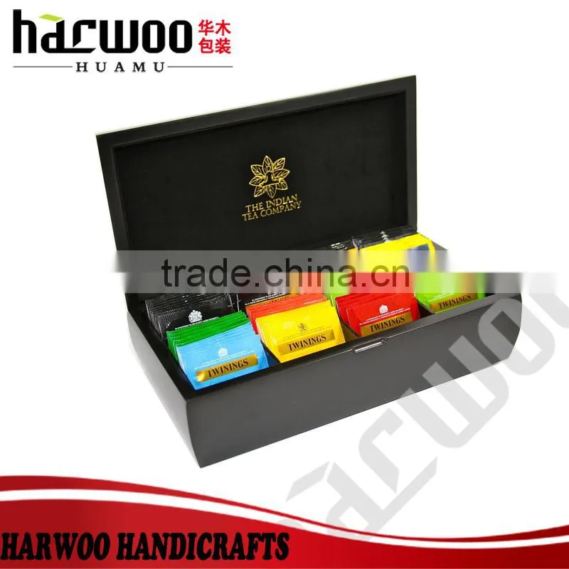 Glossy varnish with golden closure wooden tea storage box,12 compartments tea box