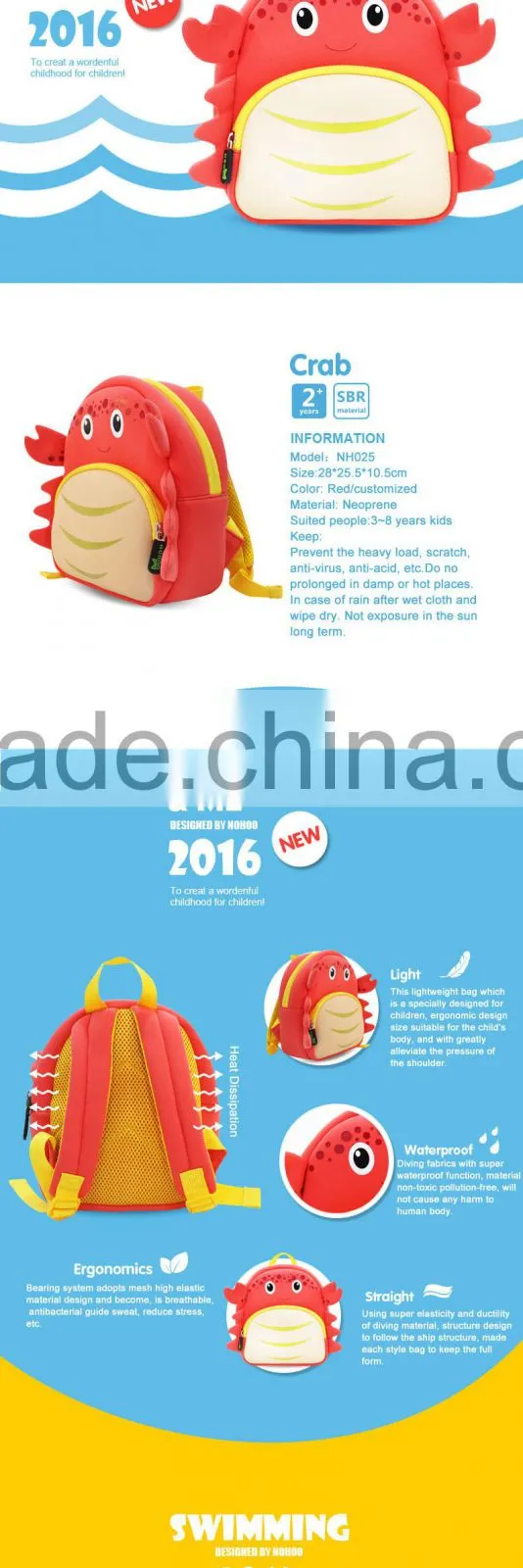 2016 New arrival 3 to 8 Years Old kids School Knapsack Cute Cartoon Crab bag