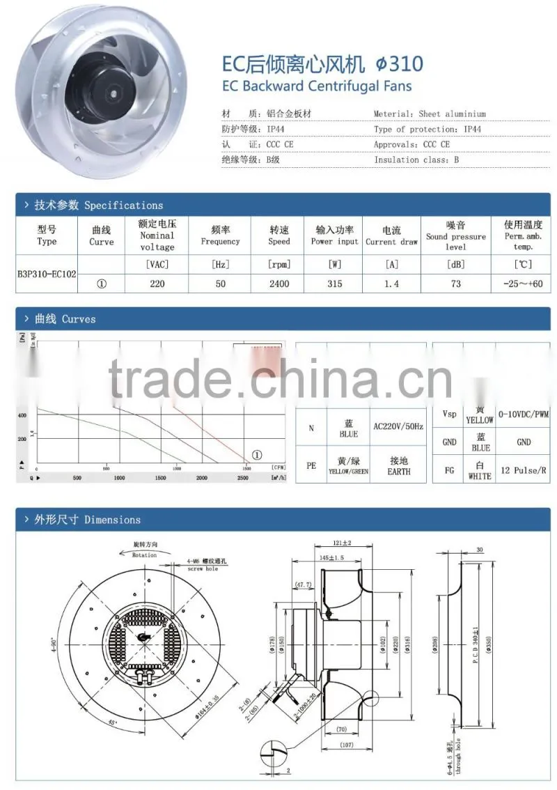 EC 310mm external rotor motor industrial backward curved centrifugal fans