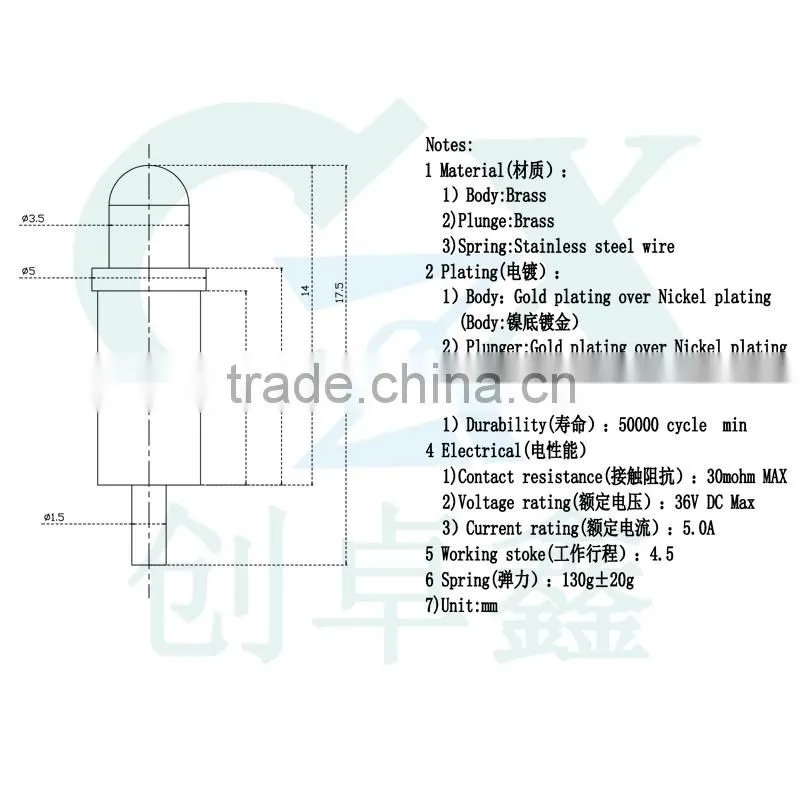 5.0mm customize gold plating pogo pin connector for computer