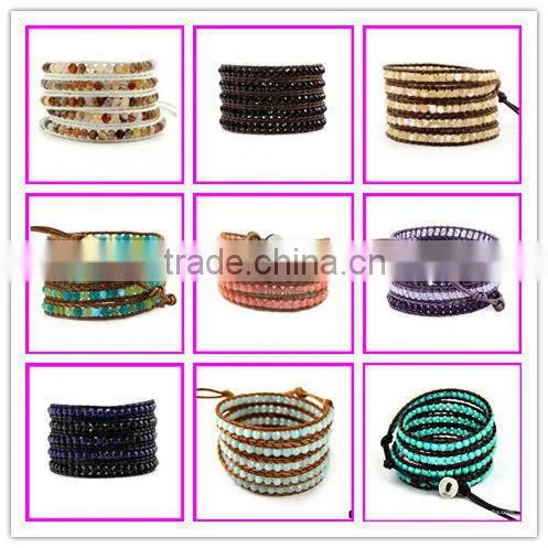 GZKJL-BL0176 Hot Sale Beaded Leather Bracelet, Natural Stone 5 Wrap Bangle