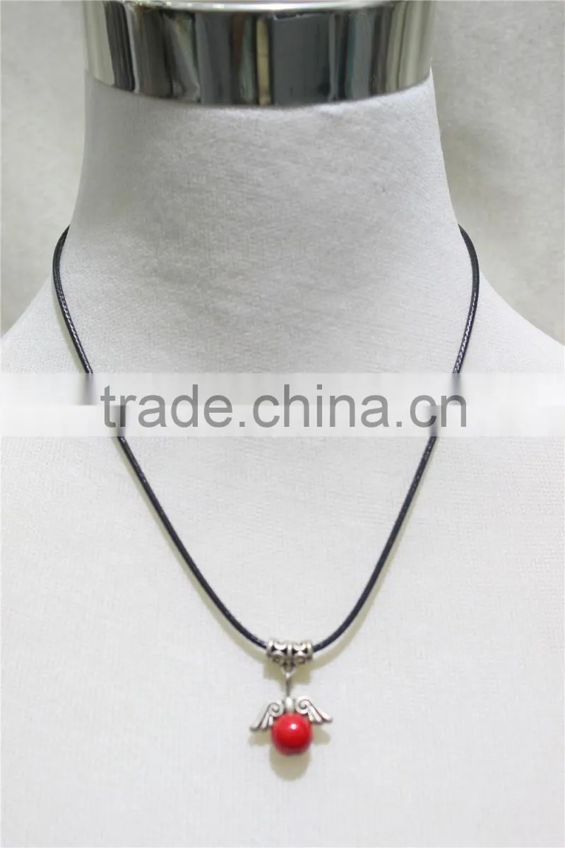 Vintage Antiqued Silver Wings Red Bead w/ Black String Pendant Necklace2016 Fashion Style Wholesale