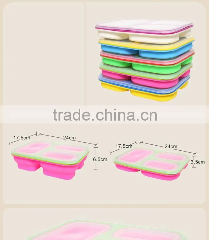 3 Compartment Portable Silicone Collapsible Microwave Lunch Box Food Storage Box