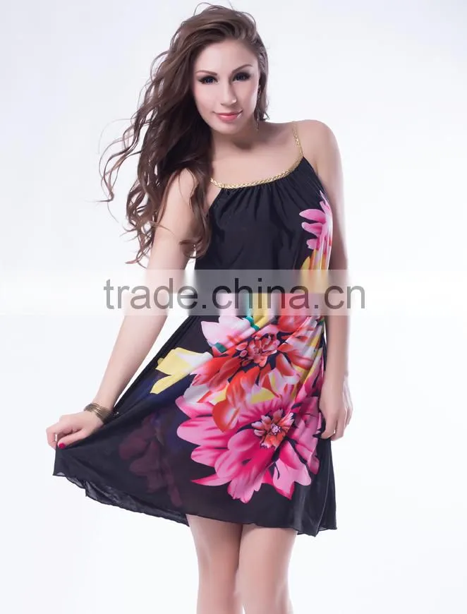 Latest fashion multi flowers panttern sexy ladies summer dress 2015