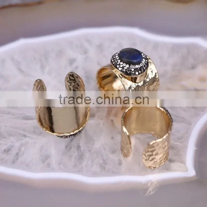 Natural Labradorite Rhinestone Crystal Paved Wide Rings Gold Plated, Labradorite Gemstone Jewelry Rings
