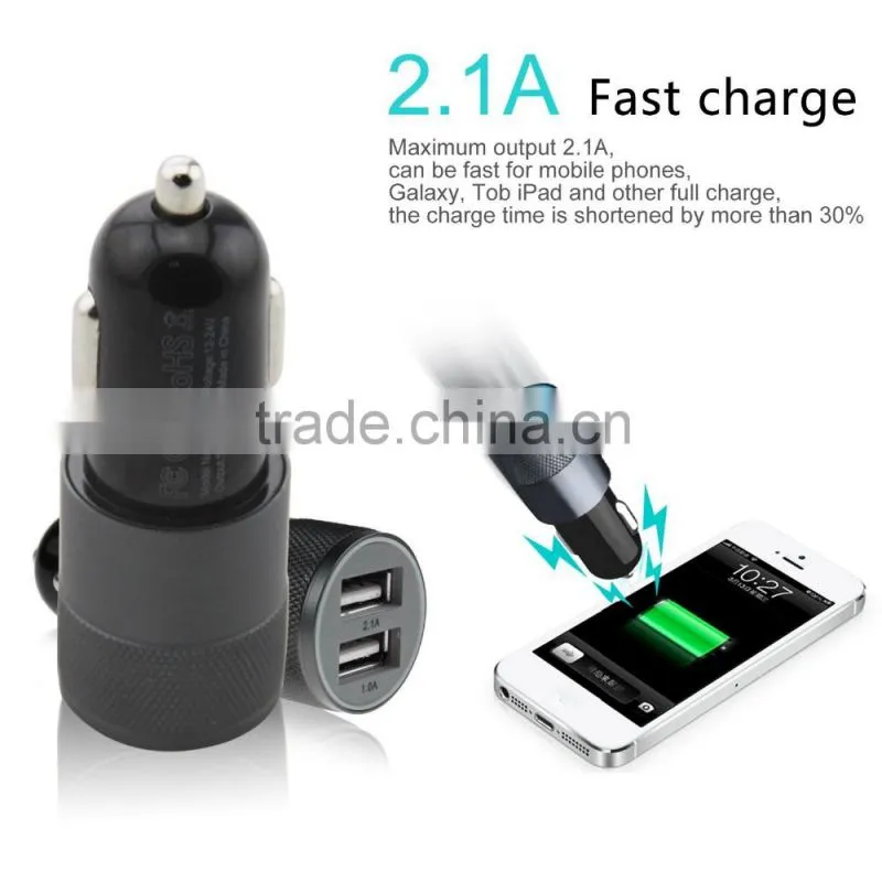 Multifunction 12v 24v 2.1A 1.0A Aluminium Bullet Dual Port USB Universal Car Charger for Iphnoe Ipad Normal Usb Phone