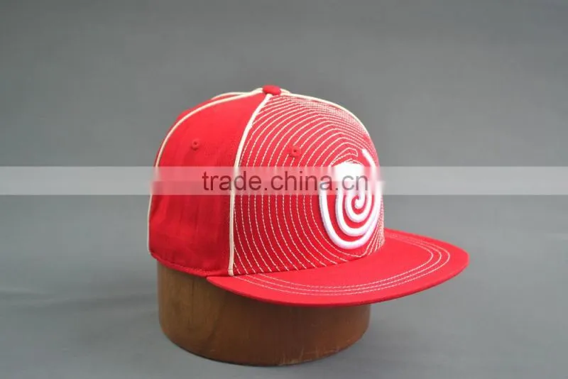 Red flat brim fitted caps with custom logos
