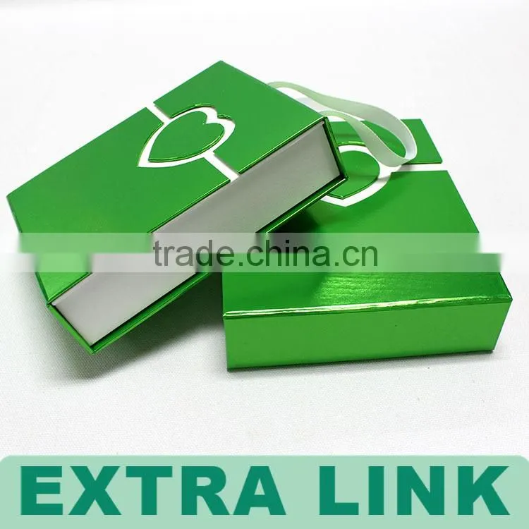 Handmade handle white insert green fancy paper wrapped heart closure chocolate cardboard box