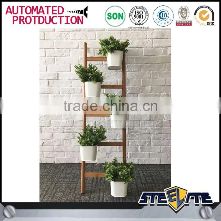 Wooden wall shelf design flowers display shelf with ladder