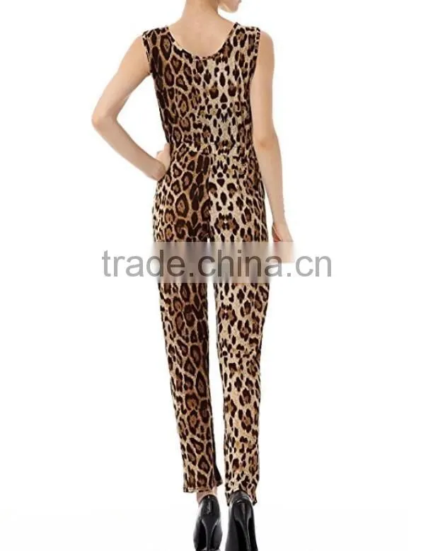 Adult Fashion Clothing Wholesale Women Sleeveless Leopard Prints Casual One Piece Custom Made Summer Jumpsuits Pants 2017
