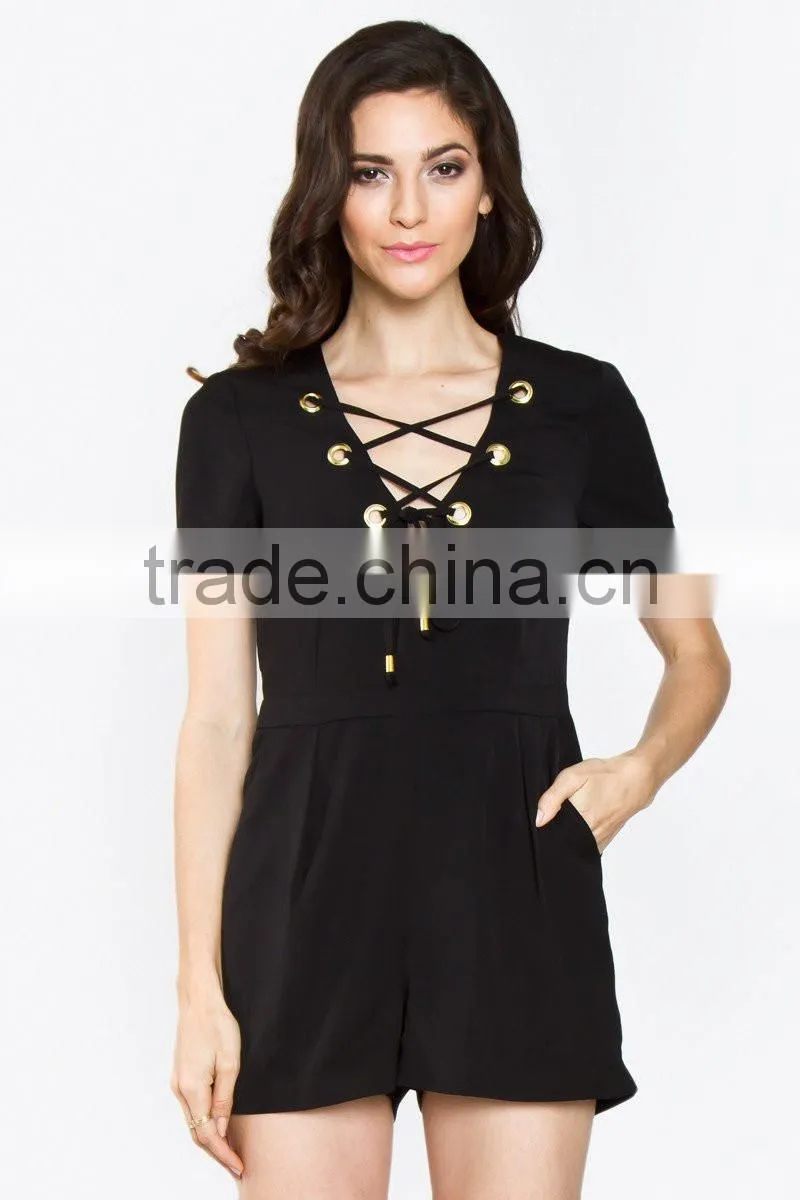 Made in China CUSTOM Wholesale Ladies Clothing Latest Design Fashion Women Black Short Sleeve Romper with Lace up Detail