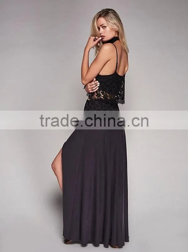 Two piece outfits women sexy lace top and side slit long skirt 2017