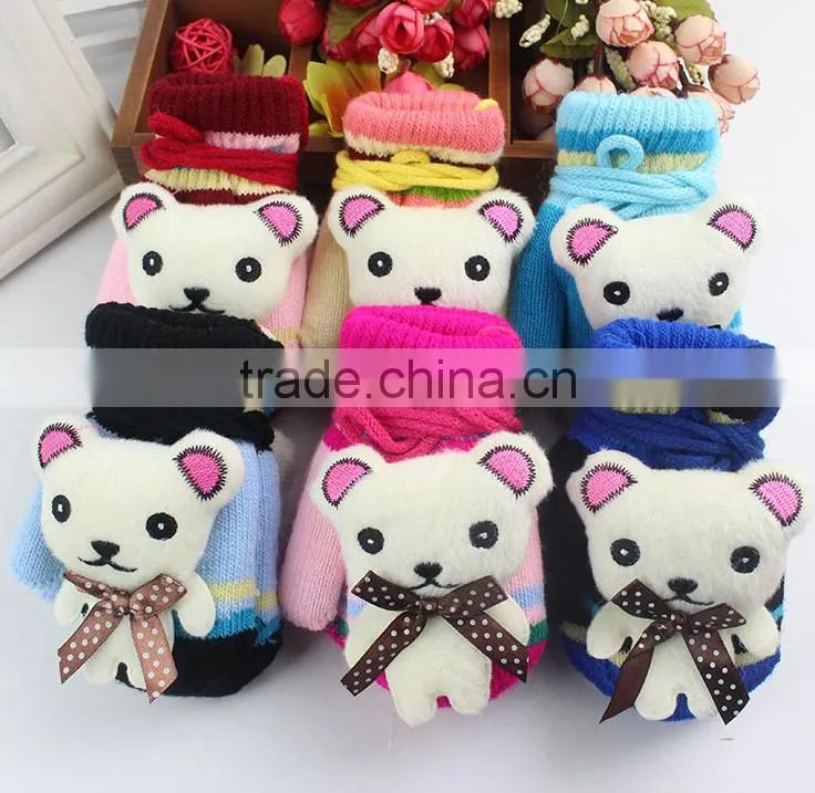 Winter baby children acrylic gloves boys and girls knitted warm cute hanging neck cartoon bear baby gloves