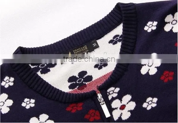 Jacquard Knitted Allover Flower Pcrew Neck Men Cardigan Sweater