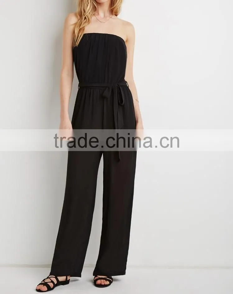 Strapless Chiffon long pants Jumpsuit with self-tie sash belt