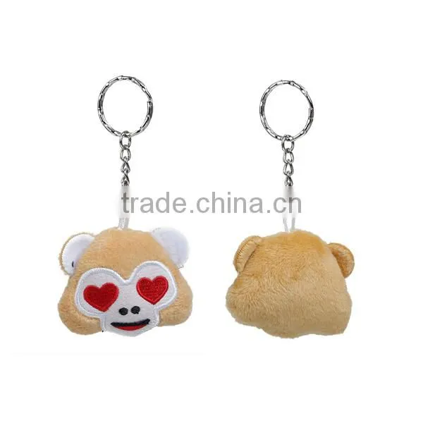 Monkey Animal Silver Tone Brown Emoji Heart Eyes Pattern Carved Plush Keychain & Keyring