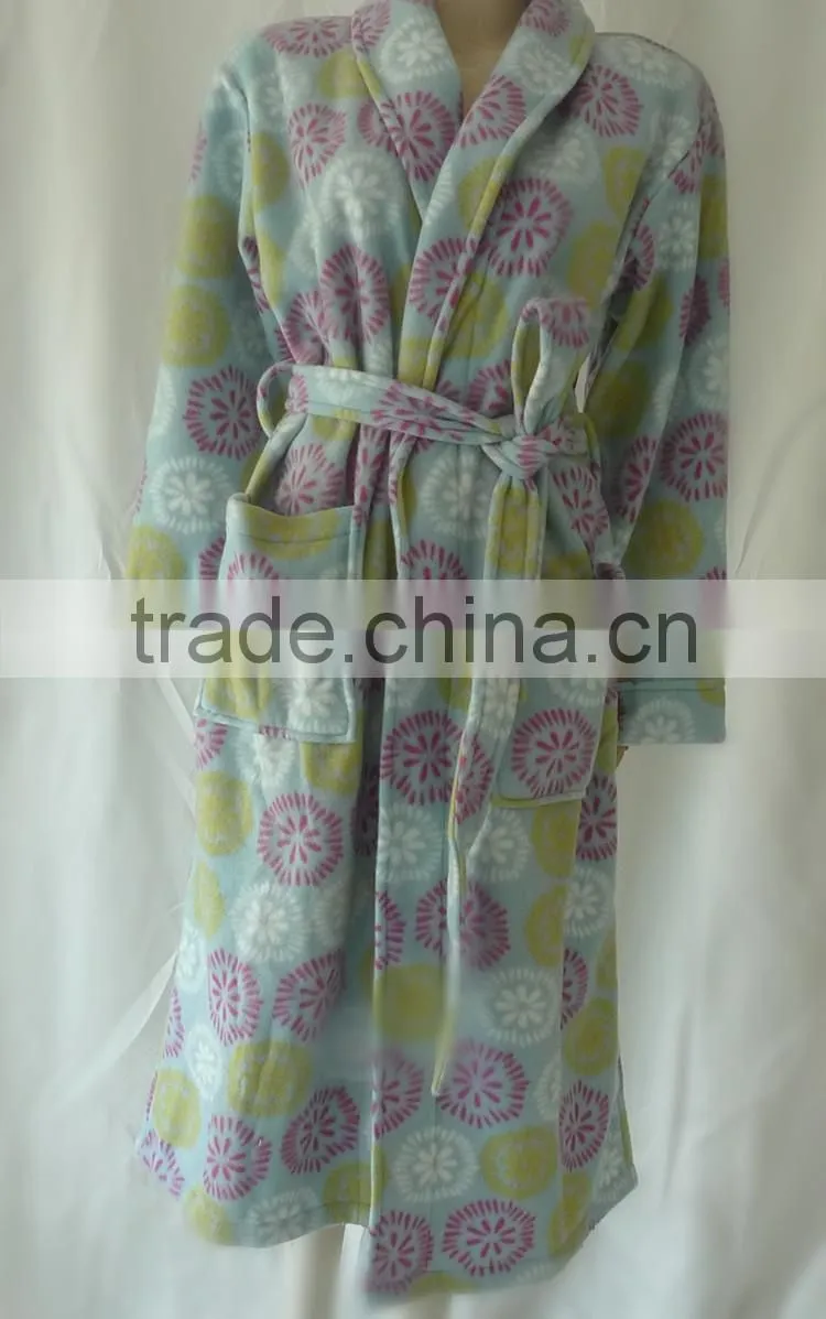 Super Soft Cute Printed Polar Fleece Women SPA Bath Robe With Belt&Pocket