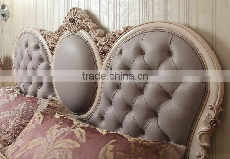 Elegant french rococo style bedroom furniture set wood king size bed with full leather