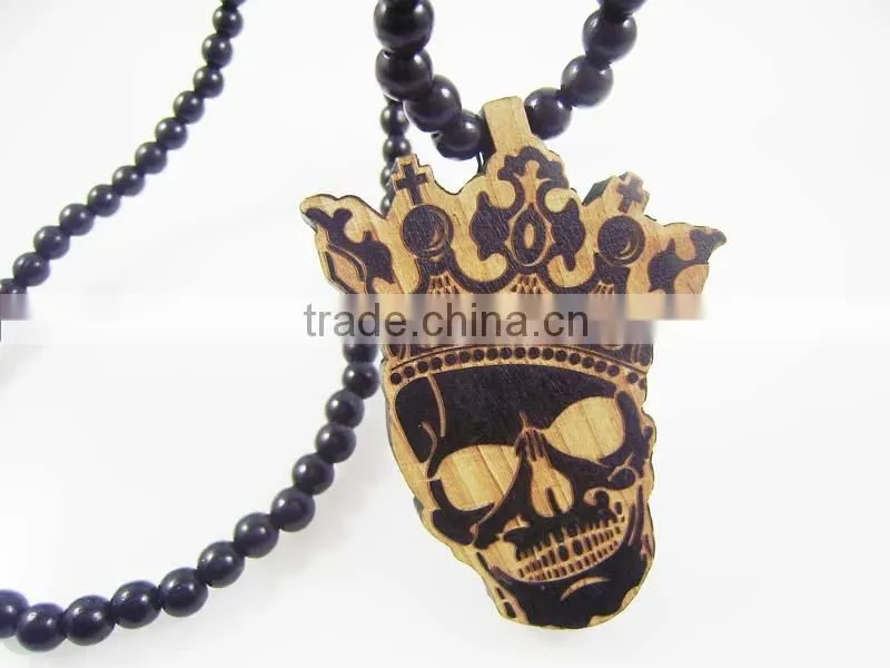 Good quality Hip-hop skull king wood Pendant Bead Chain Necklace