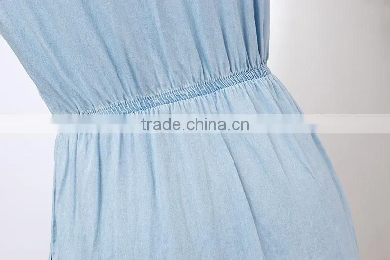2015 fashion Hot Girl casual loose sleeveless denim round neck sexy mini summer dress