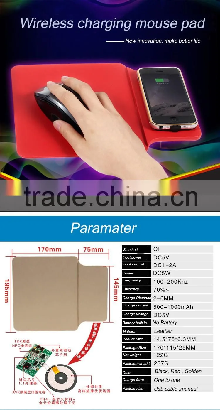 Fashional leather wireless charger mouse pad for qi smart phone wireless charger