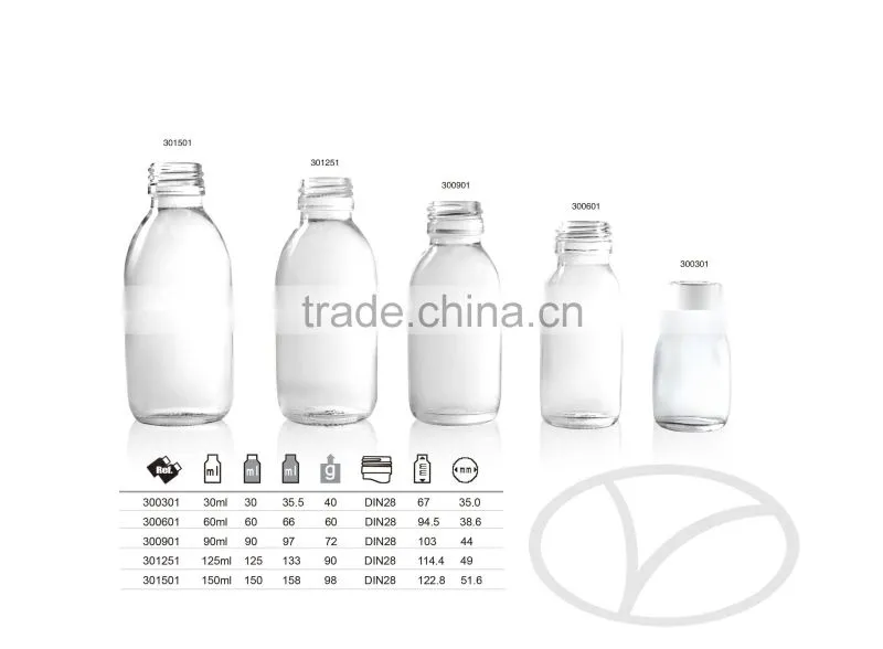 30ml-125ml-500ml Amber glass Bottles For Syrup/Oil DIN28 or PP28 neck