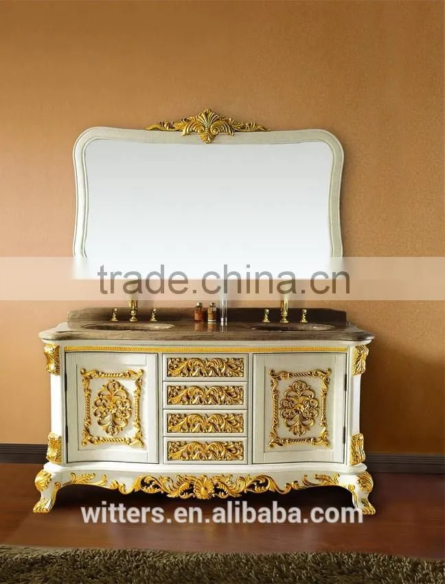 Hotel type baroque style antique wooden bathroom vanity with double sinks with gold foil WTS123