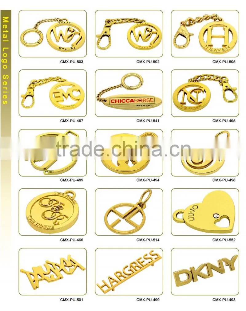 Hollowed metal brand designer handbags logo design with hanging hole